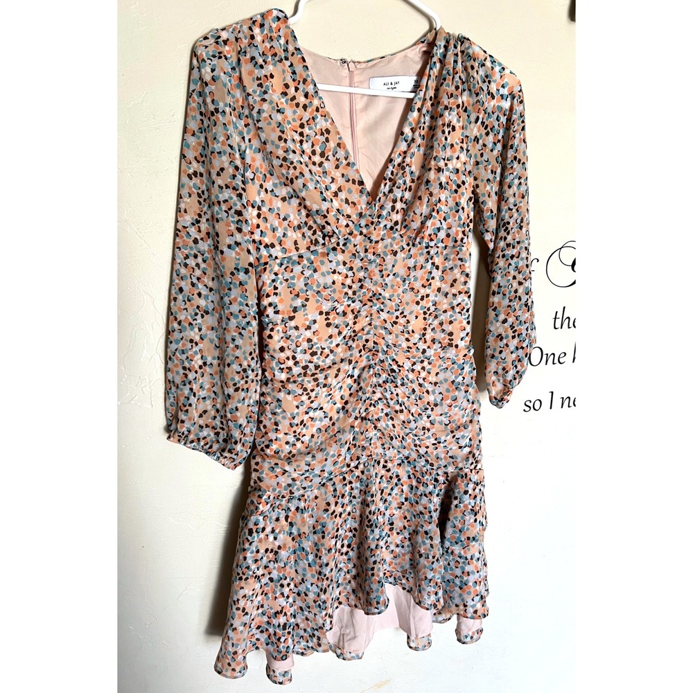 Ali‎ & Jay Los Angeles Ruched Ruffle Mini Dress Abstract Peach Teal Long Sleeve